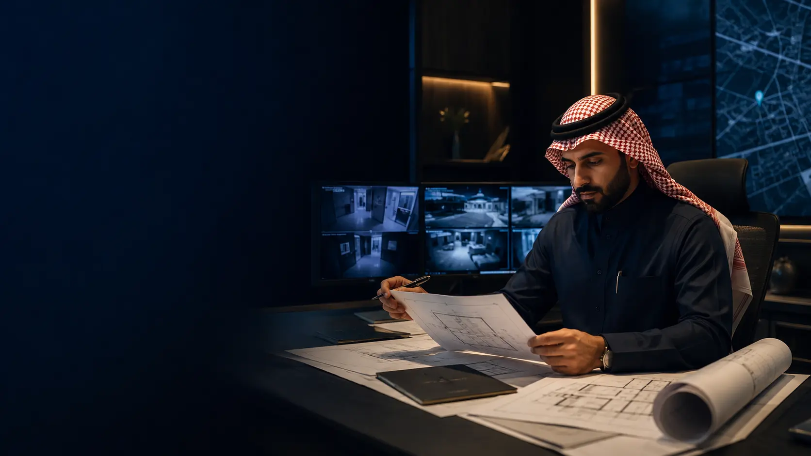 استشاري أمني يراجع مخطط منشأة وأنظمة المراقبة